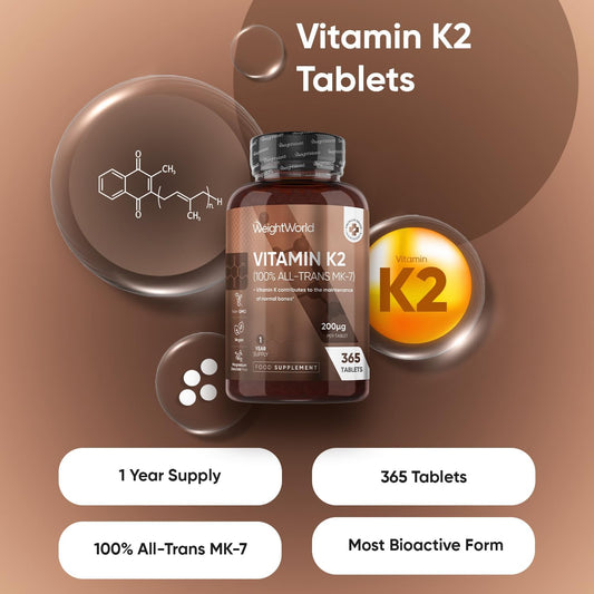 Vitamin K2 Mk7 200Mcg - 1 Year Supply - 365 Tablets - K2 Vitamin Supplements For Men & Women - 1 Tablet A Day - 100% All-Trans Mk-7 - Vegan, Non-Gmo & Magnesium Stearate-Free