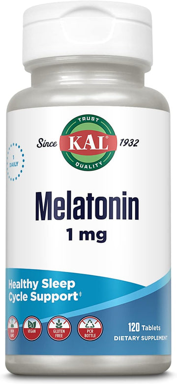 Kal Melatonin 1Mg Sleep Aid, Fast Acting Melatonin Tablets, Calming Relaxation And Sleep Cycle Support, Vegan, Gluten Free, Non-Gmo, 60-Day Guarantee, 120 Servings, 120 Tablets