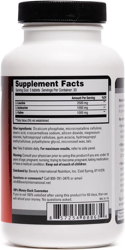 Beverly International Muscle Mass, 150 Tablets. A Free-Form Branched-Chain Amino Acid (Bcaa) For Lean Muscle Mass & Recovery. Contains 2.5:1:1 Ratio Of Leucine To Isoleucine To Valine. Muscle Fuel!