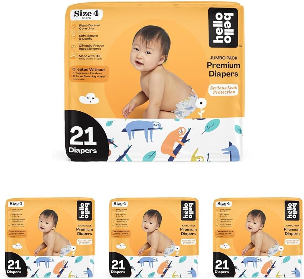 Hello Bello Premium Baby Diapers Size 4 I 21 Count Of Disposeable, Extra-Absorbent, Hypoallergenic Baby Diapers With Snug And Comfort Fit I Sleepy Sloth (Pack Of 4)