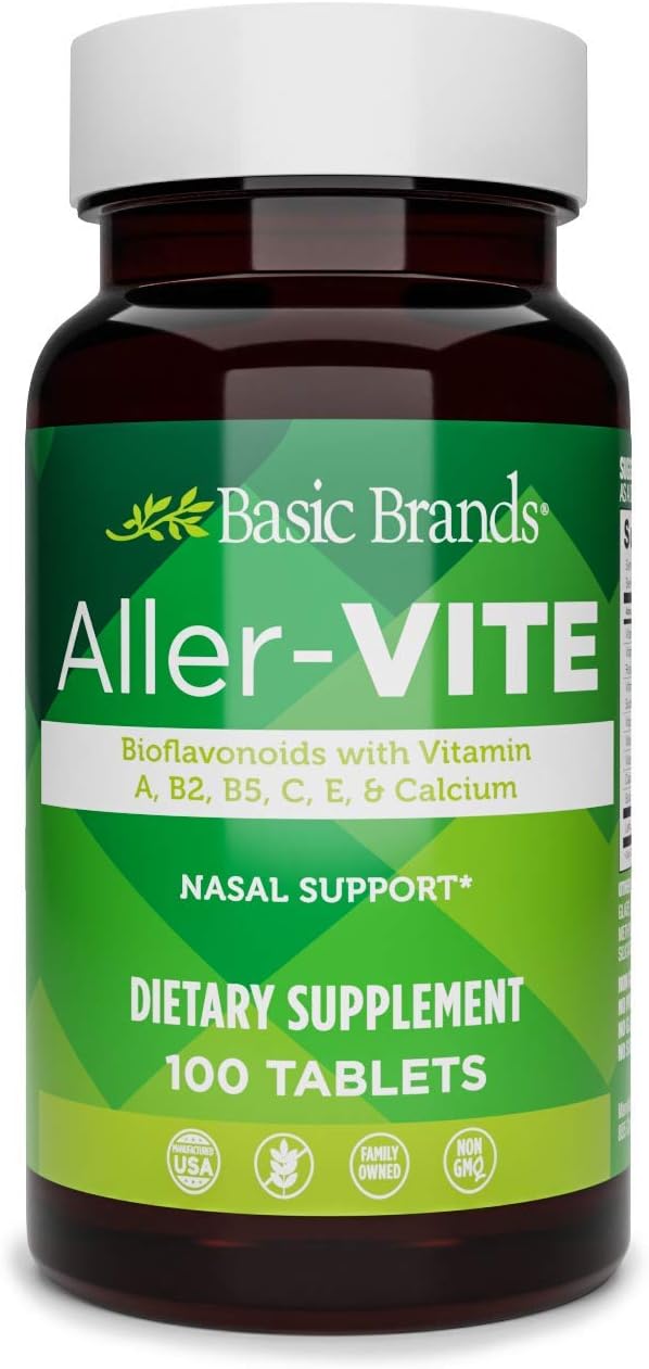 Basic Organics Aller-Vite Nasal Support, Bioflavanoids, Relieves Itchy Eyes, Nose and Throat, Watery Eyes, Sneezing, 100 Tablets per Bottle (Pack of 1)