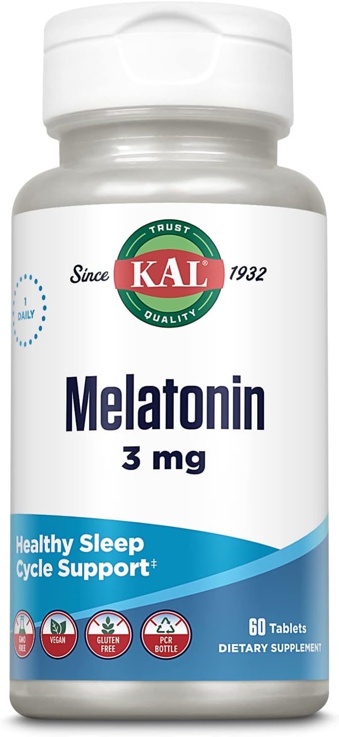 Kal Melatonin 3 Mg | Healthy Relaxation & Sleep Support Formula | Fast-Acting | With Vitamin B-6 | 60 Ct