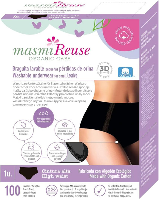 Organic Incontinence Maxi Briefs | Washable | Up To 100 X Reusable | Black | Masmi Reuse (S = 86-94 Cm Hip Circumference)