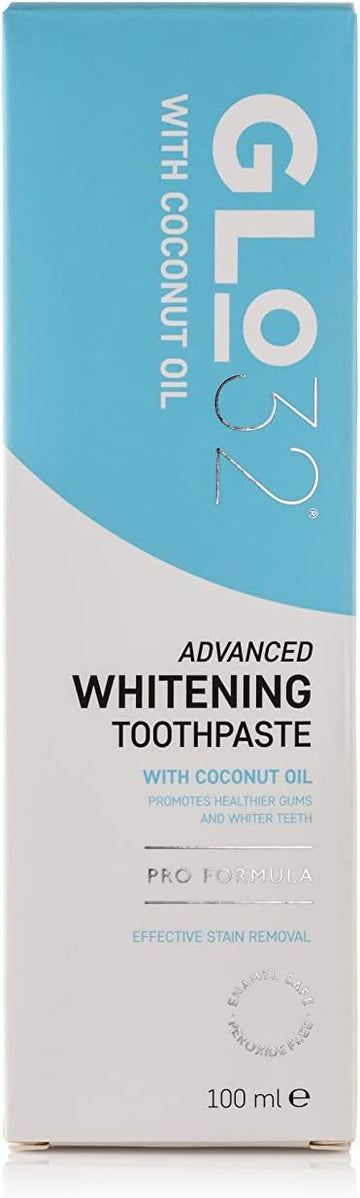 Glo32 - Advanced Teeth Whitening Toothpaste - Effective & Gentle Teeth Stain Remover With Coconut Oil - Promotes Healthier Gums - Freshens Breath - Peroxide Free - Vegan Cruelty Free - 100Ml