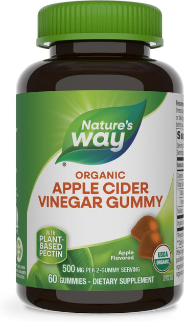 Nature’S Way Organic Apple Cider Vinegar Gummies, 500 Mg Organic Apple Cider Vinegar Per 2-Gummy Serving, Apple Flavored, 60 Gummies (Packaging May Vary)