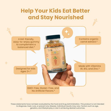 Truheight Kids Appetite Booster Gummies (Ages 2+) All Natural Toddler, Kids & Teens Appetite Stimulant To Eat More - Weight Gain Supplements - Vitamins For Underweight Children - Picky Eater Vitamin