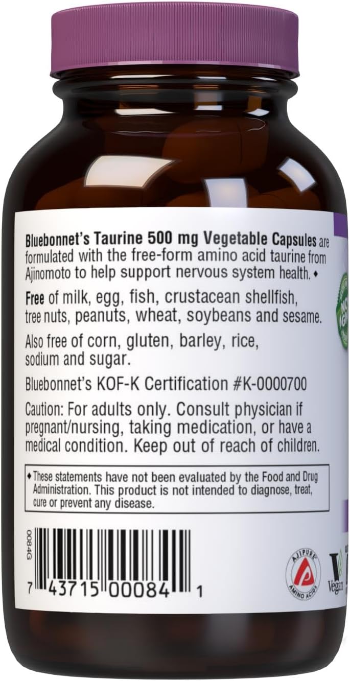 Bluebonnet Taurine 500 mg Vitamin Capsules, 50 Count