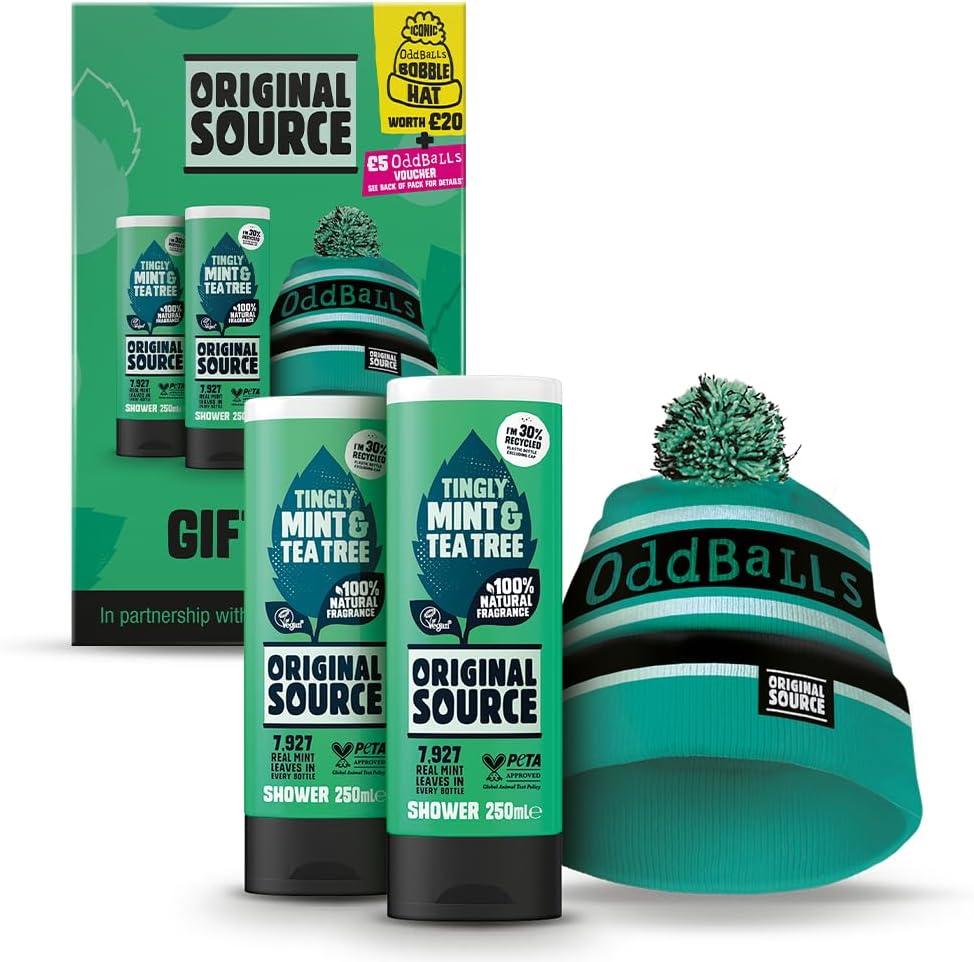 Original Source X Oddballs Gift Set, Mint & Tea Tree Shower Gel, Oddballs Bobble Hat, Gifts For Men, Birthday Gift, 100 Percent Natural Fragrance, Vegan, Cruelty Free