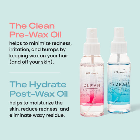 Clean & Hydrate At Home Waxing Kit Oils – Pre Wax Cleanser Preps & Protects Skin – Post Body & Facial Wax Oil Soothes, Reduces Redness, Removes Residue – Make Hair Removal Easy By Koluawax, 3 Oz. Each