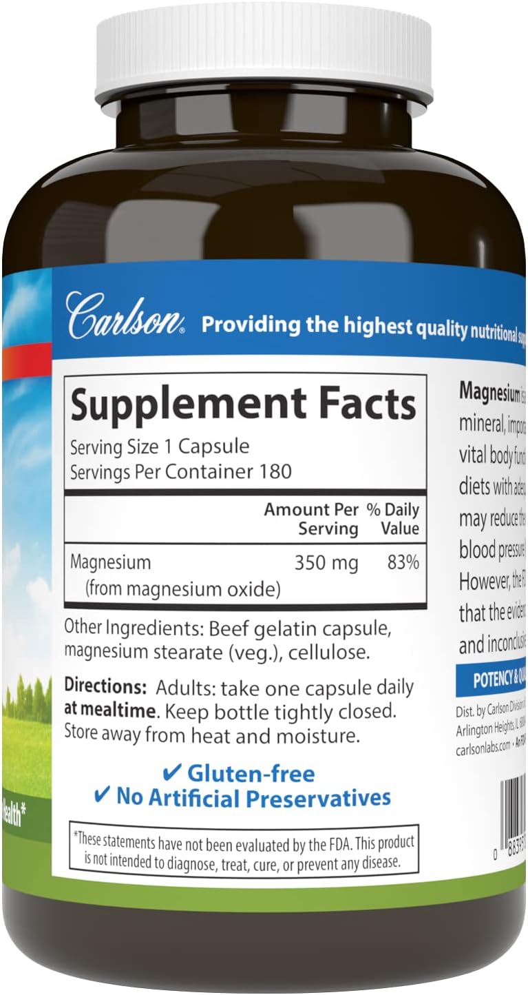 Carlson - Magnesium, 350 mg, Cardiovascular Support, Muscle Function & Nerve Health, 180 capsules