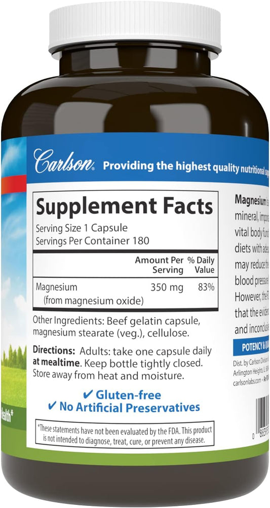 Carlson - Magnesium, 350 mg, Cardiovascular Support, Muscle Function & Nerve Health, 180 capsules