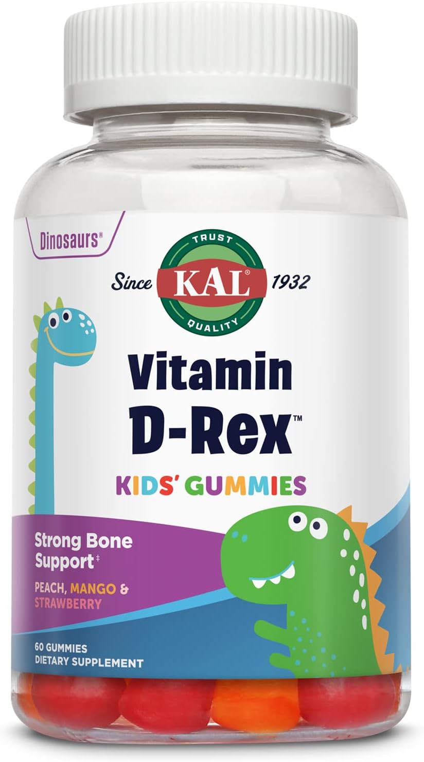 KAL Vitamin D-Rex - Vitamin D Gummies for Kids - Kids Vitamin D3 - Peach, Mango, and Strawberry avors - Immune, Heart, Bone & Oral Support - Vegetarian, Gluten Free - 60 Servings, 60 Gummies