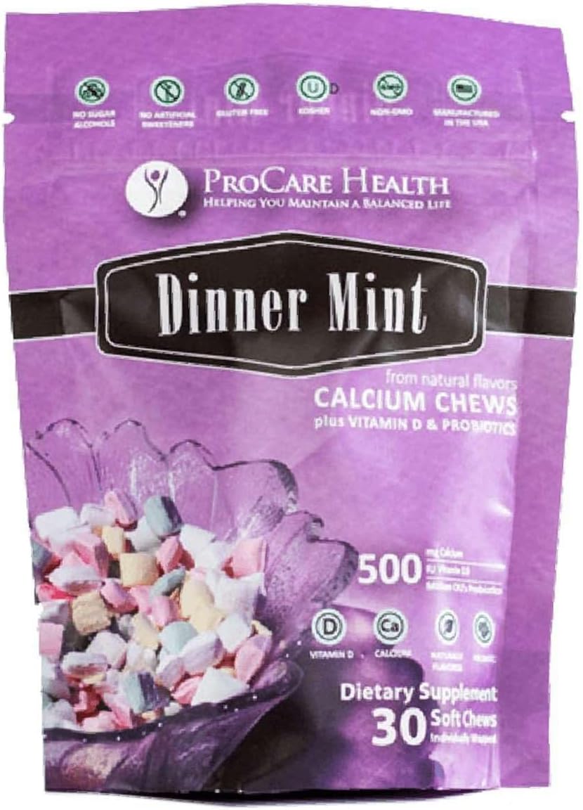 ProCare Health | TruCal Calcium Soft Chew | Dinner Mint | 500mg Calcium | 500 IU Vitamin D3 | 500 Million CFU's Probiotic | 30 Count : Health & Household