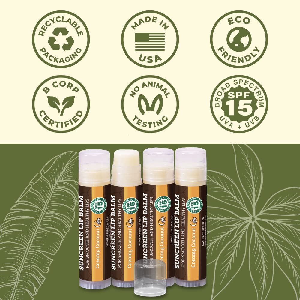 SPF Lip Balm 4-Pack by Earth's Daughter - Lip Sunscreen, SPF 15, Organic Ingredients, Coconut Flavor, Beeswax, Coconut Oil, Vitamin E - Hypoallergenic, Paraben Free, Gluten Free, New : Beauty & Personal Care