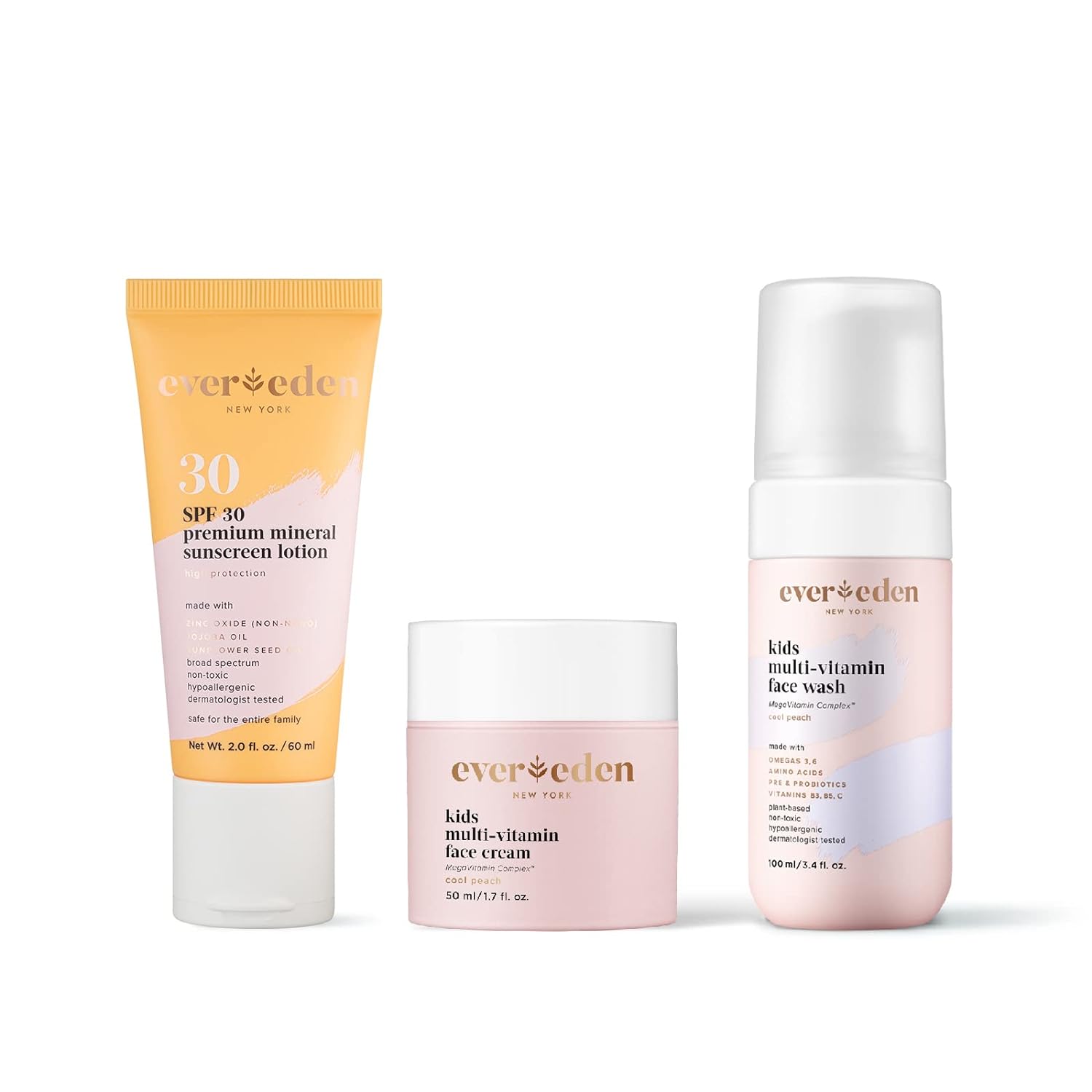 Evereden Premium Baby Sunscreen SPF 30, 2 fl oz., Evereden Kids Face Cream: Cool Peach, 1.7 oz. & Evereden Kids Face Wash: Cool Peach, 3.4 fl oz. | 3 Item Bundle Set | Clean & Natural Skincare