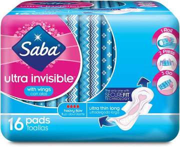 Saba Ultra Invisible Ultra Thin Long Pads with Wings, 96 Count (6 Packs of 16)