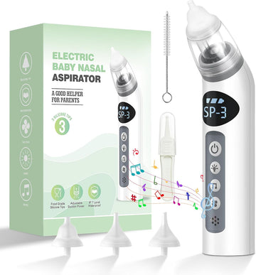 Baby Nasal Aspirator, IPX7 Waterproof Electric Nasal Aspirator for Baby, Baby Nose Sucker Baby with 3 Silicone Tips, Adjustable 3 Levels Suction, Rechargeable, 8 Light Soothing Function & Music