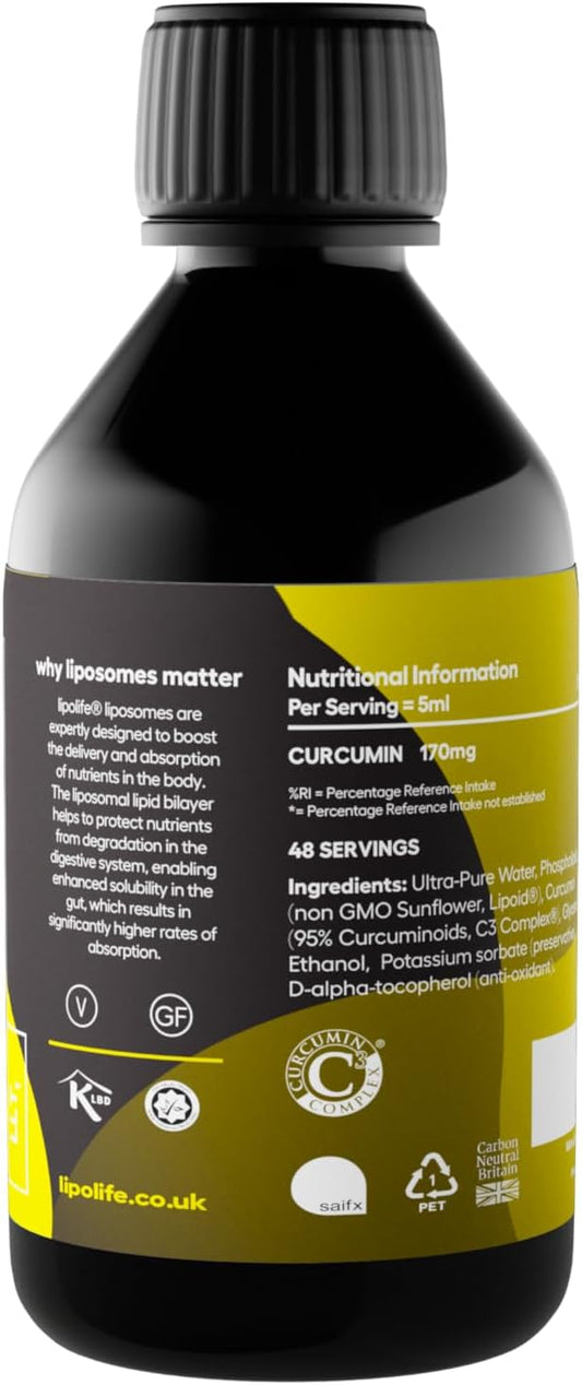 Lipolife Liposomal Curcumin C3 Complex (95% Curcuminoids) | Highly Bioavailable | High Strength | Extract Derived From The Curcuma Longa (Turmeric) | 240Ml/48 Servings Llt1