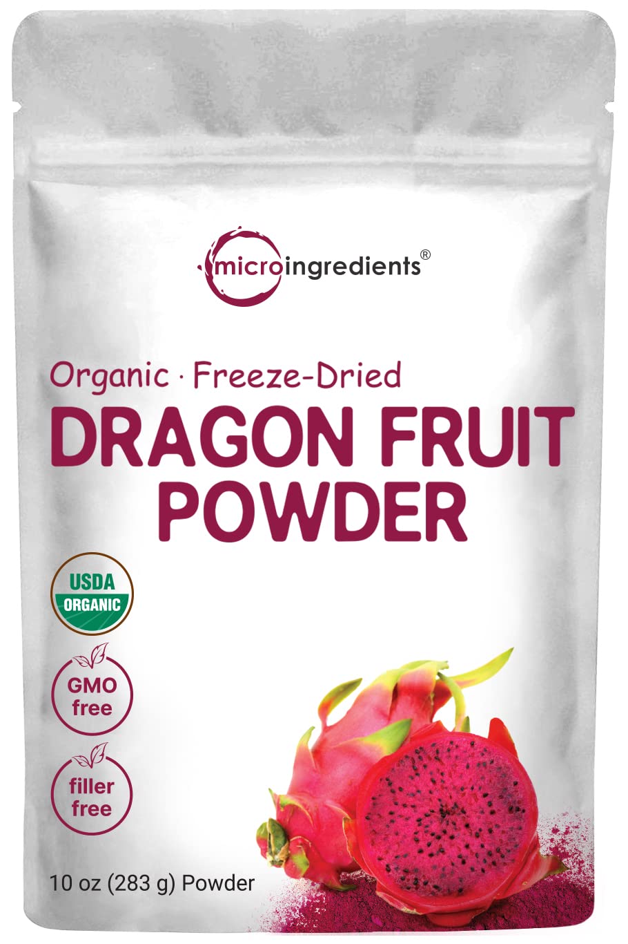 Organic Dragon Fruit Powder, 10oz | 100% Natural Fruit Powder | Freeze-Dried Pink Pitaya Source | No Sugar & Additives | Great Flavor for Drinks, Smoothie, & Beverages | Non-GMO & Vegan Friendly