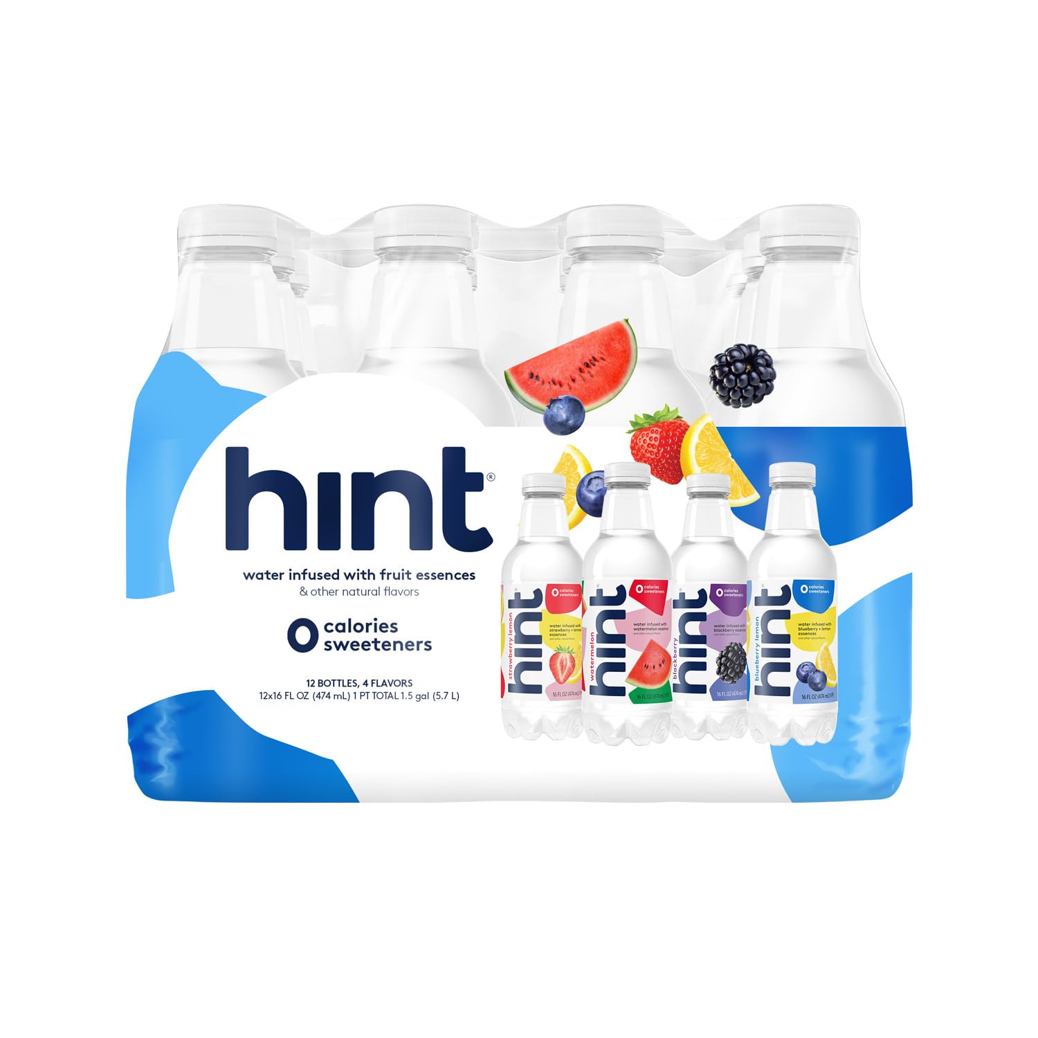 Hint Water White Variety, 3 Bottles Each Of: Watermelon, Blackberry, Blueberry Lemon, And Strawberry Lemon. Flavored Water With Zero Calories, Zero Sugar, And Zero Sweeteners, 16 Fl Oz (Pack Of 12)