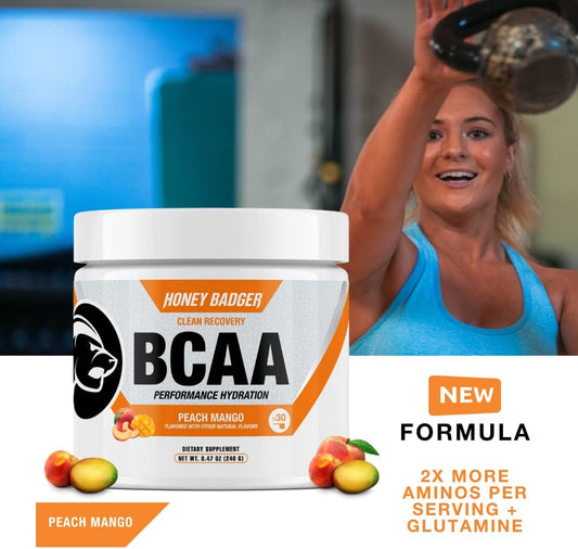 Honey Badger Bcaa + Eaa Amino Acids Electrolytes Powder, Bcaas + L-Glutamine, Keto, Vegan, Sugar Free For Men & Women, Hydration & Post Workout Muscle Recovery Drink Mix, Peach Mango, 30 Servings