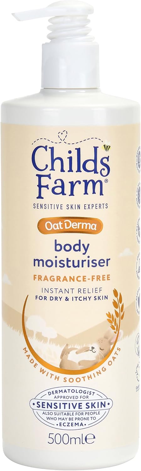 Childs Farm Oatderma Body Moisturiser, Fragrance Free, Soothing Hydration, Sensitive Skin, Emollient, Baby, Kids, 500Ml