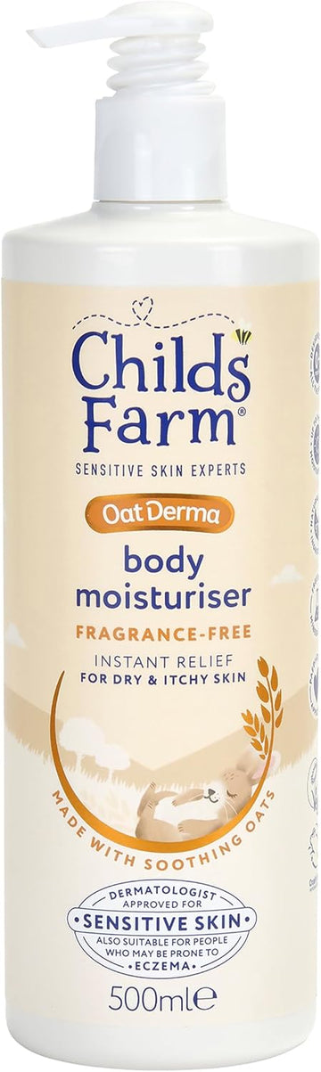 Childs Farm Oatderma Body Moisturiser, Fragrance Free, Soothing Hydration, Sensitive Skin, Emollient, Baby, Kids, 500Ml