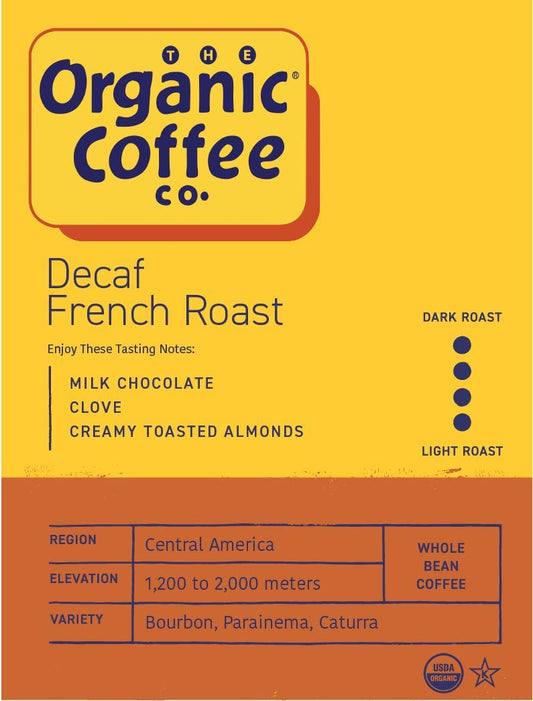 The Organic Coffee Co. Whole Bean Coffee - DECAF French Roast (2lb Bag), Dark Roast, Swiss Water Processed, USDA Organic