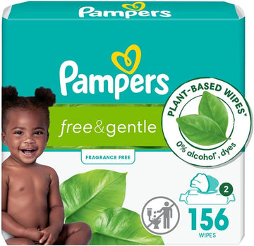 Pampers Free & Gentle Baby Wipes, 99% Water, Hypoallergenic, Unscented, 100% Plant Based, Plastic-Free Baby Wipes, 156 Baby Wipes Total (2 Flip-Top Packs)