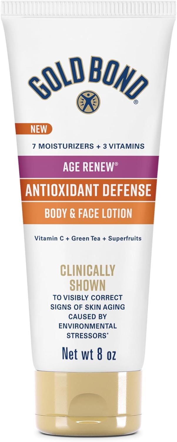 Gold Bond Age Renew Antioxidant Defense Body & Face Lotion, Brightens, Smooths & Evens Skin Tone, Nongreasy Moisturizer With Vitamin C, Superfruits & Green Tea, 8 Oz