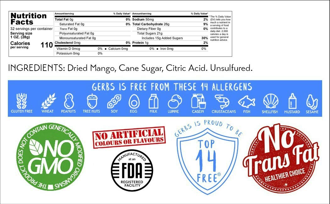 GERBS Dried Mango Slices 2 LBS. Sweet | Freshly Dehydrated Resealable Bulk Bag | Top Food Allergy Free | Sulfur Dioxide Free | Digestion, Skin, Vision & Bone Density Aid | Gluten Peanut Tree Nut Free : Grocery & Gourmet Food