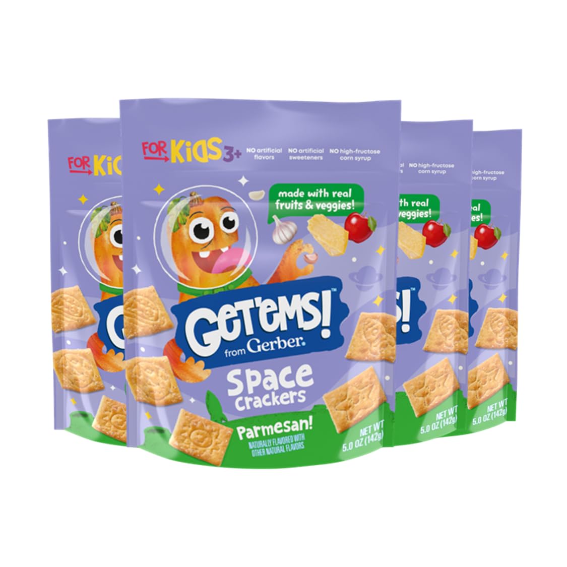 Get'Ems! From Gerber Parmesan Space Crackers, Kids Snack Made With Real Veggies & Fruits, Iron & Vitamin E - 4 Pack