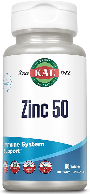 Kal Zinc 50Mg Hydroxy Acid Complex, Healthy Metabolism And Immune Support Supplement With Zinc Orotate, Zinc Citrate, Enhanced Absorption W/Actisorb, Vegan, Gluten Free, Non-Gmo, 60 Serv, 60 Tablets