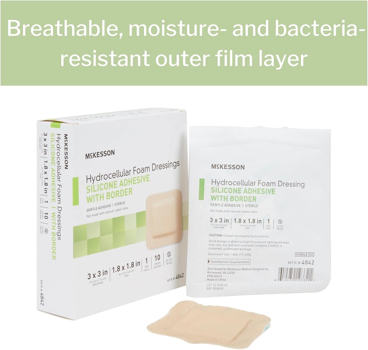 McKesson Hydrocellular Foam Dressings, Sterile, Silicone Adhesive with Border, Dimension 3 in x 3 in, Pad 1 4/5 in x 1 4/5 in, 10 Count, 1 Pack : Health & Household