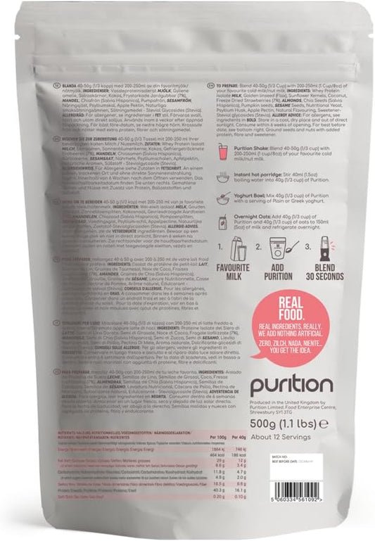 Purition Large Bag Multipack - Strawberry, Banana & Macadamia & Vanilla | Premium High Protein Powder For Keto Shakes And Smoothies With Natural Ingredients For Weight Management | 3 X 12 Meal Bags