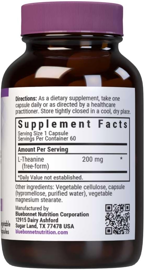 Bluebonnet Nutrition L-Theanine 200Mg, Free-Form Amino Acid, Promotes Relaxation*, Soy-Free, Gluten-Free, Non-Gmo, Kosher Certified, Vegan, 60 Vegetable Capsules, 60 Servings : Health & Household