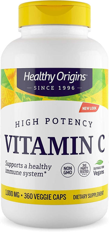 Healthy Origins Vitamin C (Non-GMO), 1,000 mg - Vegan Vitamin C - Ascorbic Acid for Immune Support - Supports Cell Function - Vegan, Gluten-Free & Non-GMO Supplement - 360 Veggie Capsules