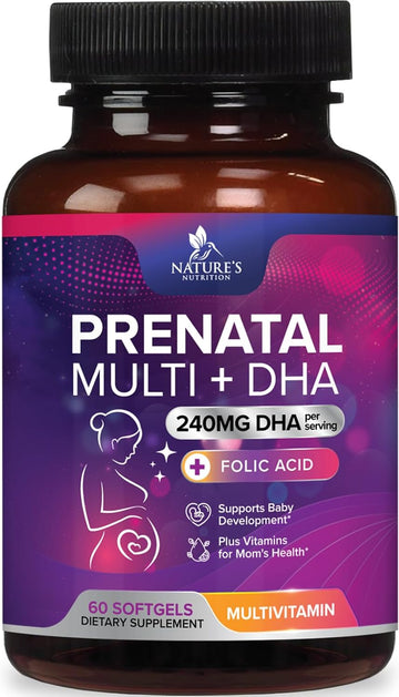 Women's Prenatal Multivitamin with Folic Acid + DHA, Prenatal Vitamin Supplement for Fetal Support w/Folate, Omega 3, Vitamins D3, B6, B12 & Iron, Pregnancy Prenatal DHA, Non-GMO - 60 Softgels