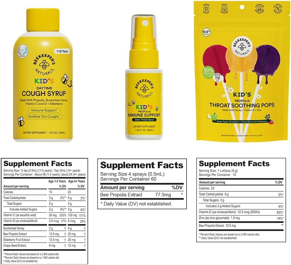 Beekeeper'S Naturals Kid'S Immune Support Essentials | Kid'S Propolis Throat Spray - Propolis Honey Cough Syrup For Kids - Throat Soothing Lollipops | Natural Immune Support - Sore Throat Relief : Health & Household