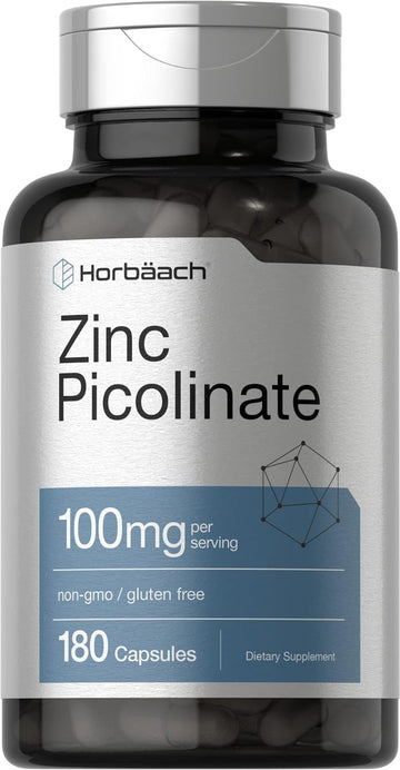 Horbäach Zinc Picolinate 100Mg | 180 Capsules | High Potency | Non-Gmo, Gluten Free | Zinc Supplement