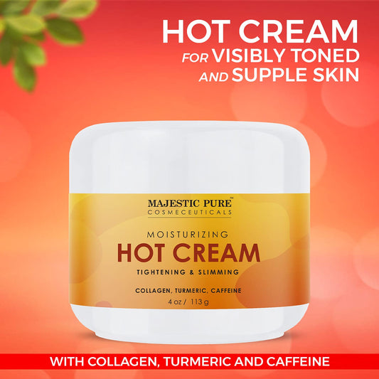 Majestic Pure Hot Cream - For Cellulite, Soothing, Relaxing, Tightening & Slimming - With Collagen, Turmeric, Vitamin A, E, Body Firming Cream, 4 Oz