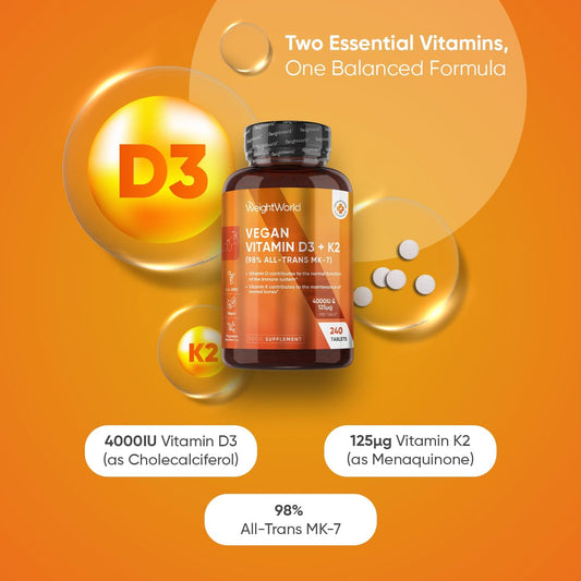 Vitamin D3 4000Iu & K2 125µg (Mk7) | 240 Easy To Swallow Vitamin D Tablets As Cholecalciferol | 8 Months Supply | Vit D3 K2 Supplements | 1 A Day Vit D
