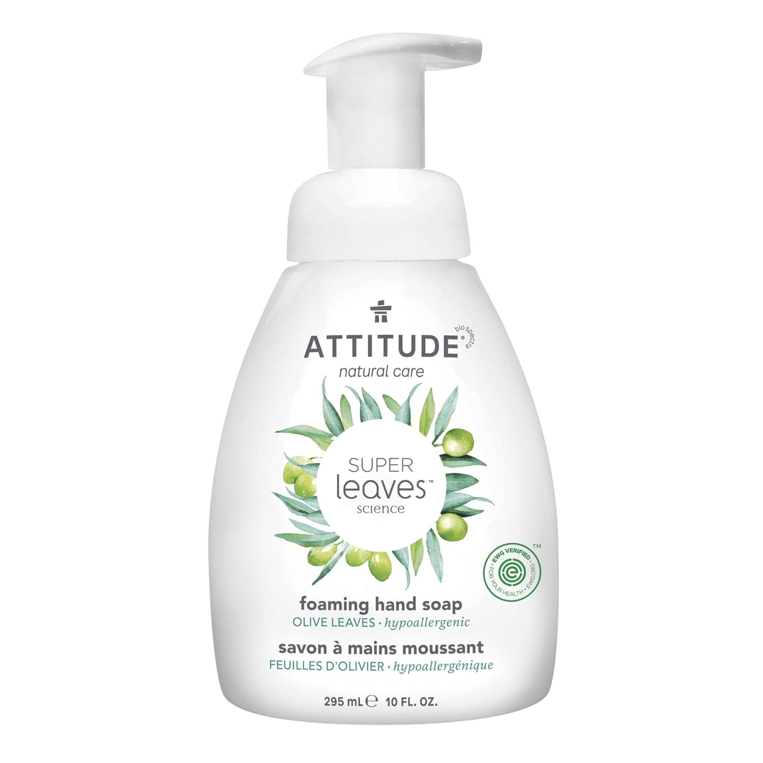 ATTITUDE Foaming Hand Soap, EWG Verified, Dermatologically Tested, Plant and Mineral-Based, Vegan Personal Care Products, Olive Leaves, 10 Fl Oz