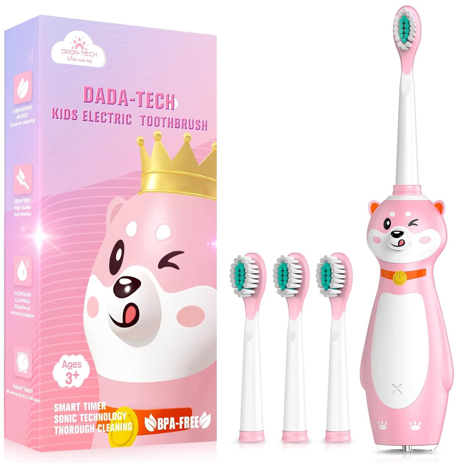 DADA-TECH Kids Electric Toothbrush Rechargeable, Sonic Silicone Teeth Brush with Timer for Children Boys Girls Ages 3+, 3 Modes with Memory, 4 Soft Brush Heads (Pink Shiba Inu Dog)