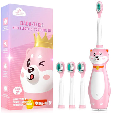 DADA-TECH Kids Electric Toothbrush Rechargeable, Sonic Silicone Teeth Brush with Timer for Children Boys Girls Ages 3+, 3 Modes with Memory, 4 Soft Brush Heads (Pink Shiba Inu Dog)