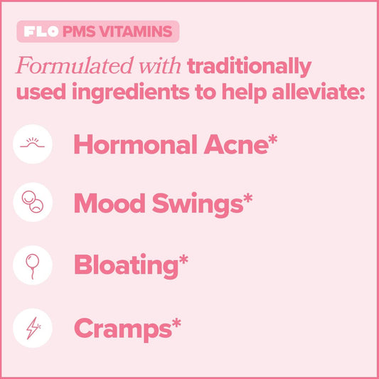 Flo Pms Vitamins For Women, 30 Servings (Pack Of 2) - Proactive Pms Relief - Targets Hormonal Breakouts, Bloating, Cramps, & Mood Swings With Chasteberry, Vitamin B6, & Lemon Balm