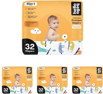 Hello Bello Premium Baby Diapers Size 1 I 32 Count Of Disposable, Extra-Absorbent, Hypoallergenic Baby Diapers With Snug And Comfort Fit I Sleepy Sloth (Pack Of 4)