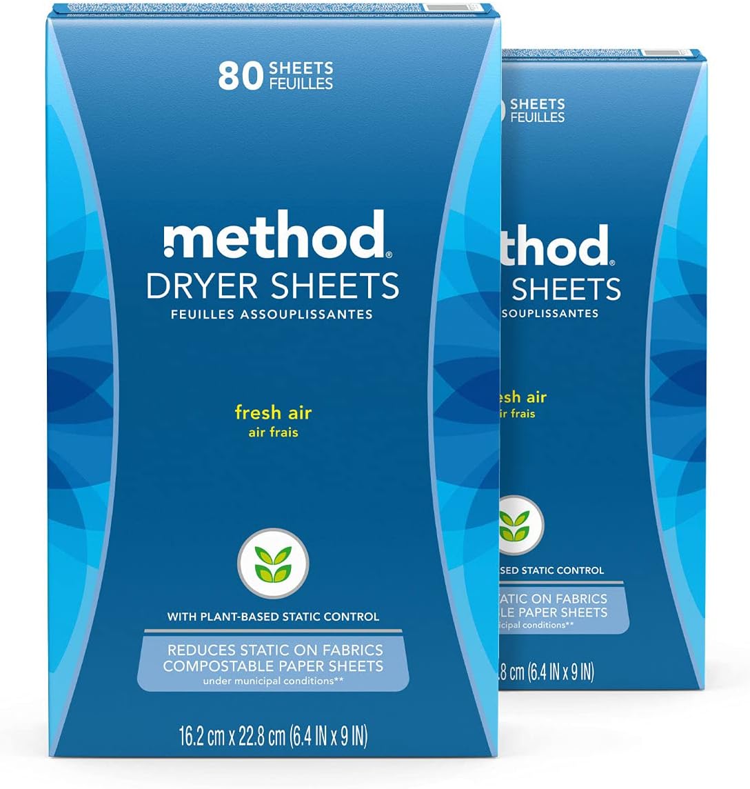 Method Dryer Sheets, Fresh Air, 80 Sheets, 2 Pack, Packaging May Vary