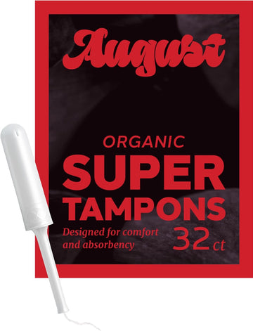 August Organic Cotton Tampons, Super Tampons Made with Organic Cotton, Long Applicators, 32 Organic Tampons, Fragrance-Free, Chlorine-free, and Hypoallergenic (2 boxes of 16)