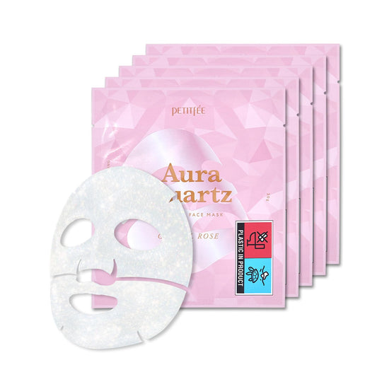 Petitfee Aura Quartz Hydrogel Face Mask Crystal Rose 30G*5Ea - Rose Facial Mask For Radiant Skin With Pearl Protein, Collagen, Hyaluronic Acid, Brighten & Supple Face, Hydrating, Soothing Skin